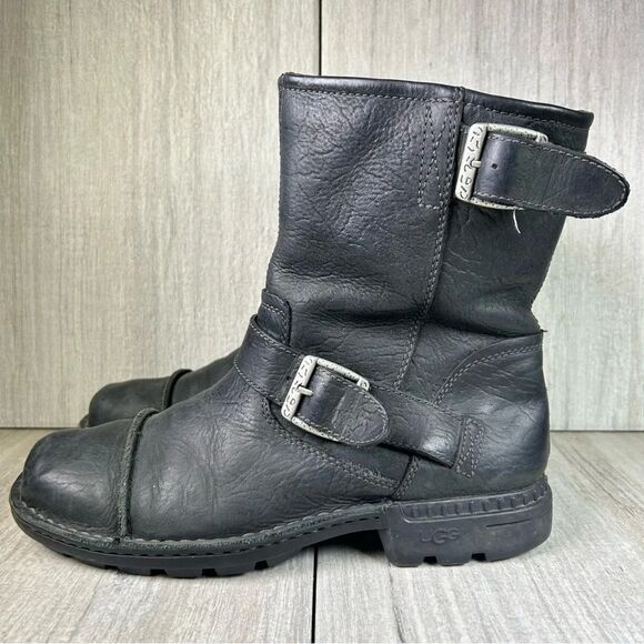 UGG Rockville II 3040 Black Leather Moto Lined Winter Buckle Boots Mens Size 8.5 - Picture 3 of 10